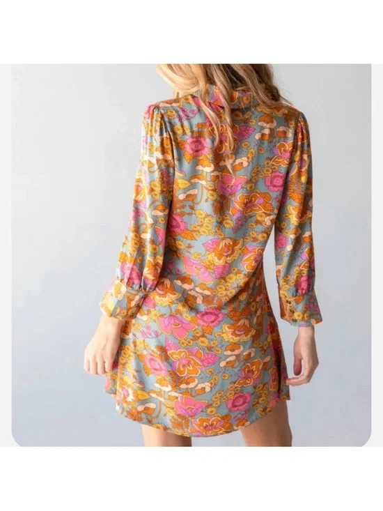 Natural Life Twiggy Vibrant Floral Button-Up Tunic Shirt Dress Pink & Mustard - Picture 2 of 14